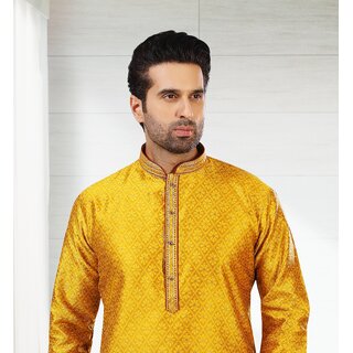 Top Men Raivat Ethnic Mustard Colour Jacquard Silk Brocade Kurta Pajama 1004 2025 at ShopCircuit