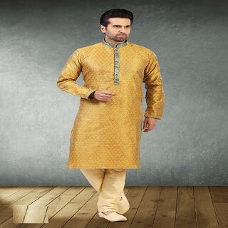 Premium Men Raivat Ethnic Yellow Blue Colour Jacquard Silk Brocade Kurta Pajama 1009 2025 at Sho