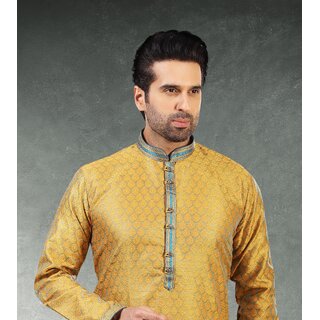 Premium Men Raivat Ethnic Yellow Blue Colour Jacquard Silk Brocade Kurta Pajama 1009 2025 at Sho