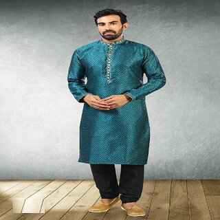 Premium Men Raivat Ethnic Teal Blue Colour Jacquard Silk Brocade Kurta Pajama 1018 2025 at ShopC