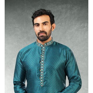 Premium Men Raivat Ethnic Teal Blue Colour Jacquard Silk Brocade Kurta Pajama 1018 2025 at ShopC