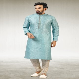 Elegant Men Raivat Ethnic Sky Blue Colour Jacquard Silk Brocade Kurta Pajama 1023 2025 at ShopCi