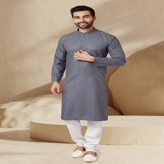 Luxurious Men Raivat Ethnic Grey Colour Jacquard Silk Brocade Kurta Pajama 1143 2025 at ShopCirc