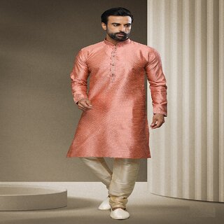Stylish Men Raivat Ethnic Peach Colour Jacquard Silk Brocade Kurta Pajama 1546 2025 at ShopCircu