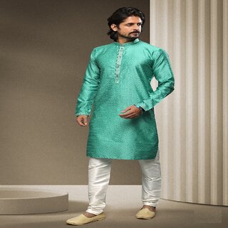 Affordable Men Raivat Ethnic Rama Green Colour Jacquard Silk Brocade Kurta Pajama 1548 2025 at S