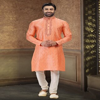 Modern Men Raivat Ethnic Orange Colour Jacquard Banarasi Silk Thread Work Kurta Pajama 2027 2025