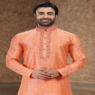 Modern Men Raivat Ethnic Orange Colour Jacquard Banarasi Silk Thread Work Kurta Pajama 2027 2025