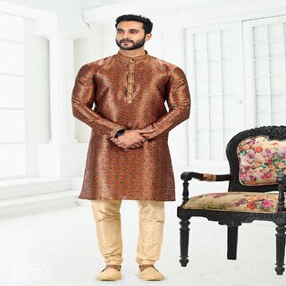 Sophisticated Men Raivat Ethnic Rust Brown Colour Banarasi Silk Digital Print Kurta Pajama 2068 