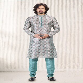 Modern Men Raivat Ethnic Firozi Blue Colour Jacquard Banarasi Silk Kurta Pajama 2084 2025 at Sho