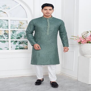 Premium Men Raivat Ethnic Sea Green Colour Linen Cotton Thread Work Kurta Pajama 3147 2025 at Sh