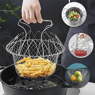Foldable Food Deep Frying Basket for Kitchen Multifunctional Cooking Steam Rinse Deep Frying Stainless Steel Basket Strainer Net Fried Filter