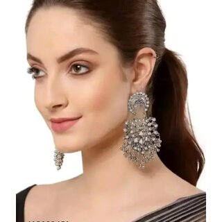 Oxidised Silver Chandelier Earrings, Traditional Floral Design with Pearl Beads, Antique Finish - Earrings | Buy online on ZillyBuy