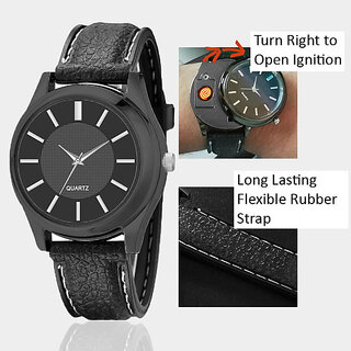 2 in 1 Electronic Lighter LED Lighters Male Quartz Watch -(Black) Brown Watch Lighter Cigarette Lighter(Black)
