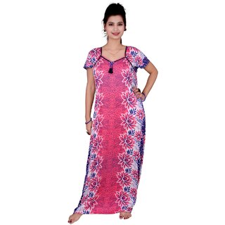 Kismat Fashion Pink Cotton Floral Print Long Night Gowns & Nighty Kn19
