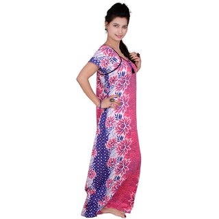 Kismat Fashion Pink Cotton Floral Print Long Night Gowns & Nighty Kn19