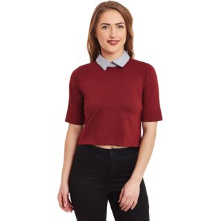 Stylish Women Miss Chase Women's Red Round Neck Half Sleeves Crop Tops Solid/Plain Top 2025 at S