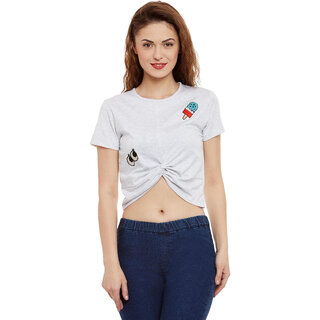 Chic Women Miss Chase Women's Gray Round Neck Half Sleeves Crop Solid/Plain Top 2025 at ShopCirc