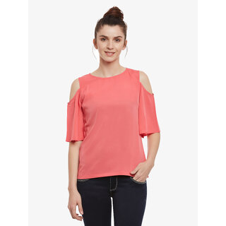 Chic Women Women'S Pink Solid Round Neck Half Sleeve Cold Shoulder Top 2025 at ShopCircuit | OND