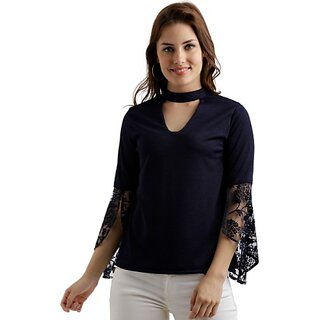 Stylish Women Miss Chase Women's Navy Blue Round Neck 3/4 Sleeve Solid Lace Semi Sheer Split Sle
