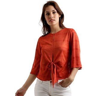 Luxurious Women Miss Chase Women's Orange Round Neck Half Sleeve Solid Front Slit Knotted Top 20