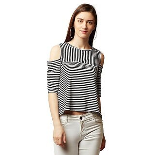 Affordable Women Miss Chase Women's Black And White Round Neck Half Sleeve Striped Cold Shoulder