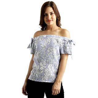 Affordable Women Women's Blue And White Off-shoulder Short Sleeve Striped And Floral Print Bardo