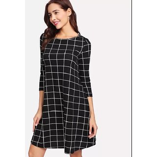 Vivient White Floral And Black Check Printed Crepe Short Dress Combo