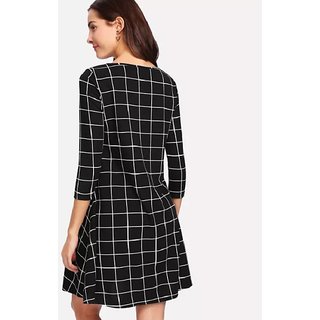 Vivient White Floral And Black Check Printed Crepe Short Dress Combo