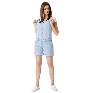 Trendy Women Miss Chase Women's Light Blue Regular Fit Mid Rise Mini Solid Denim Dungaree 2025 a