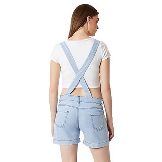 Trendy Women Miss Chase Women's Light Blue Regular Fit Mid Rise Mini Solid Denim Dungaree 2025 a