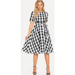 Code Yellow Women Black White Check Tie Waist Fit Flare Short Dress