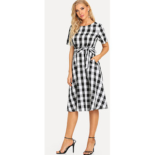 Code Yellow Women Black White Check Tie Waist Fit Flare Short Dress