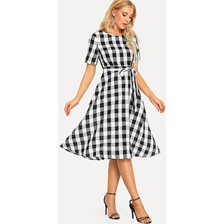 Code Yellow Women Black White Check Tie Waist Fit Flare Short Dress