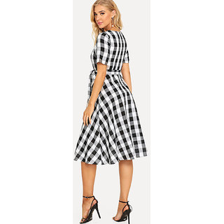 Code Yellow Women Black White Check Tie Waist Fit Flare Short Dress
