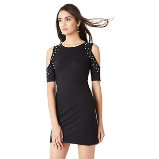 Luxurious Women Miss Chase Women's Black Round Neck Pearl Half Sleeves Mini Bodycon Cold Shoulde