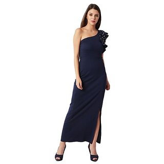 Luxurious Women Miss Chase Women's Navy Blue One-Shoulder Sleeveless Cotton Solid Ruffled Pearl 
