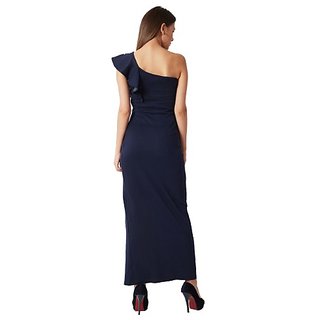 Luxurious Women Miss Chase Women's Navy Blue One-Shoulder Sleeveless Cotton Solid Ruffled Pearl 