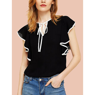 Code Yellow Women's Solid Black White Line Sleeves Crepe Ruffled Top