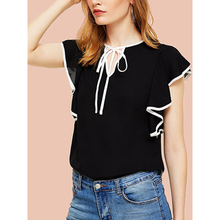 Code Yellow Women's Solid Black White Line Sleeves Crepe Ruffled Top