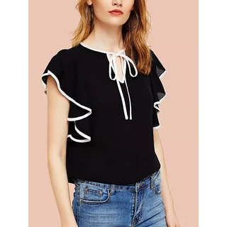 Code Yellow Women's Solid Black White Line Sleeves Crepe Ruffled Top