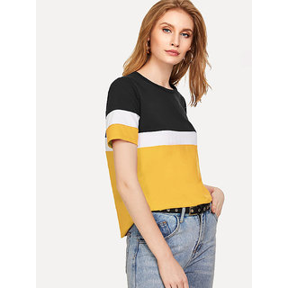 Code Yellow Women's Black White Mustard Color Block Hosiery Tee