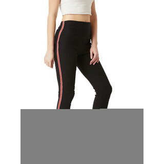 Chic Women Miss Chase Women's Black High Waist Solid Fitted Twill Tape Detailing Regular Length 