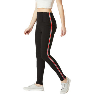 Chic Women Miss Chase Women's Black High Waist Solid Fitted Twill Tape Detailing Regular Length 