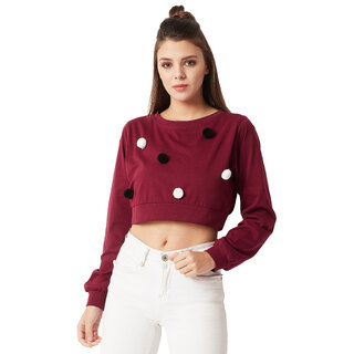 Trendy Women Miss Chase Women's Maroon Round Neck Full Sleeve Cotton Solid Pompom Detailing Boxy