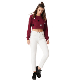 Trendy Women Miss Chase Women's Maroon Round Neck Full Sleeve Cotton Solid Pompom Detailing Boxy