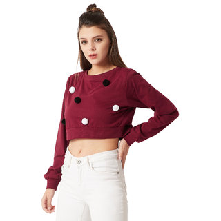 Trendy Women Miss Chase Women's Maroon Round Neck Full Sleeve Cotton Solid Pompom Detailing Boxy