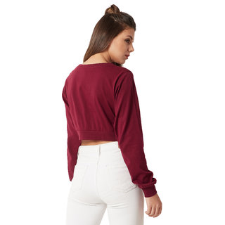 Trendy Women Miss Chase Women's Maroon Round Neck Full Sleeve Cotton Solid Pompom Detailing Boxy