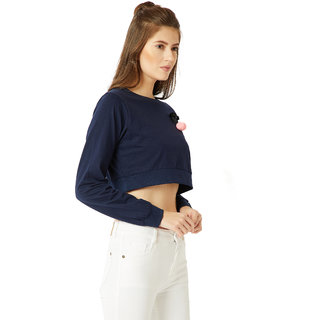 Stylish Women Miss Chase Women's Navy Blue Round Neck Full Sleeve Cotton Solid Pompom And Twill 