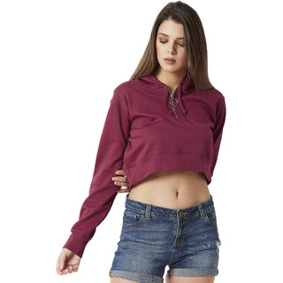 Miss Chase Women's Maroon Solid Round Neck Full Sleeve Hooded Boxy Crop Zippered Sweatshirt