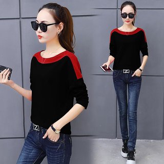 Code Yellow Women's Plain Black Red Shoulder Tee